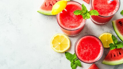 Watermelon smoothie and freshly squeezed juice with mint and lemon on a white table with sliced watermelon pieces. High quality photo