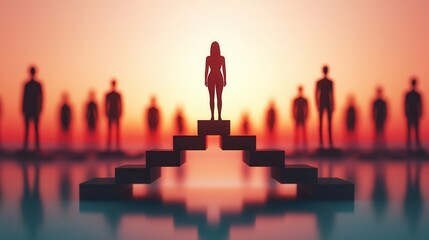 Wall Mural - Silhouette of woman on top of a staircase against a sunset background.