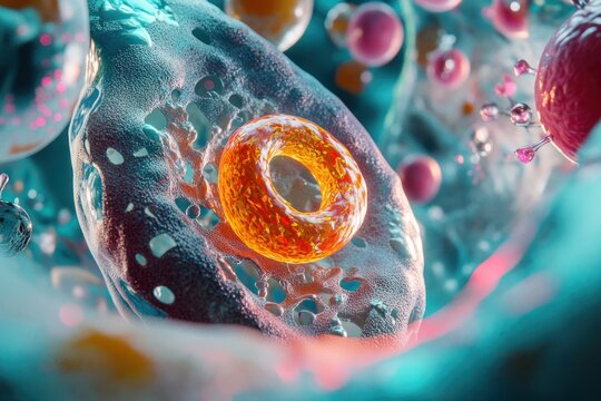3D rendering of a colorful human cell with an orange ring-shaped jewel in the center