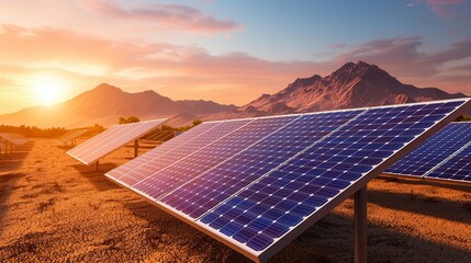 Poster - Solar Panels in a Desert Landscape at Sunset.