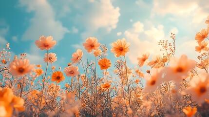 A field of orange cosmos flowers contrasts against a bright blue sky with clouds.