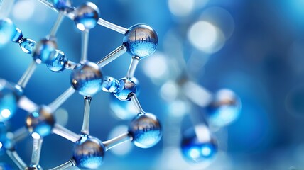 macro view of blue science molecules model blue background