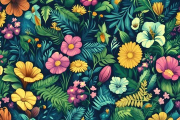 Sticker - Vibrant Floral Pattern with Lush Green Foliage