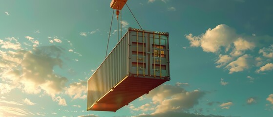 Wall Mural - A crane lifting a shipping container against a vibrant sunset sky, symbolizing global trade and logistics.