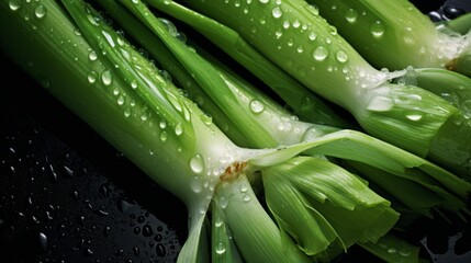 Wall Mural - Pile of fresh leeks with glistening droplets of water. Advertising photography. Neural network ai generated art