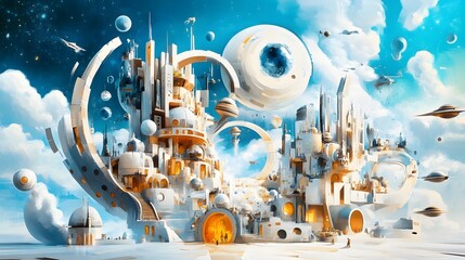 Canvas Print - Futuristic Cityscape with Flying Objects