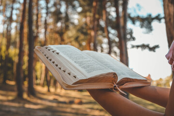 Poster - Christian illustration of a girl holding an open Bible against a forest backdrop