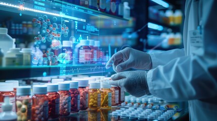 a scientist in a lab examines medication bottles with digital data overlays, representing modern pha