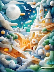 Wall Mural - Dreamy Abstract Cityscape with Stairway to Heaven.