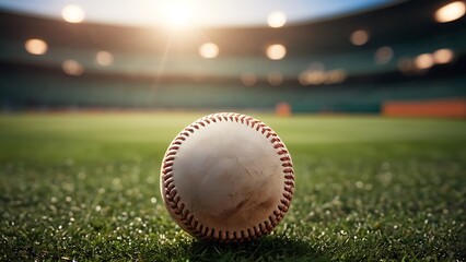 Wall Mural - Baseball ball on green pitch field at brightly outdoor stadium background