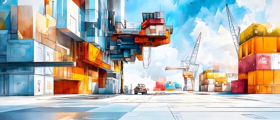 Wall Mural - Abstract Urban Landscape with Cranes and Shipping Containers.