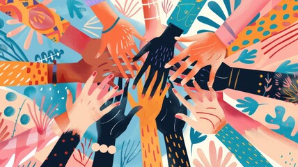 Close up of diverse hands stacked together. Macro photograph of multicultural people making stack of hands.Unity and teamwork concept for design and print. Collaboration, cooperation, teamwork. AIG53.