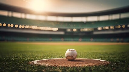 Wall Mural - Baseball ball on green pitch field at brightly outdoor stadium background