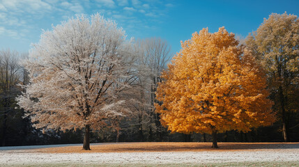 Two trees in winter, one is covered with yellow leaves, another one without leaves