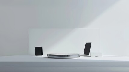 Poster - Modern tech workspace featuring laptop, smartphone, and accessories on a minimalist table with natural lighting.