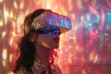 Fashion model person wearing futuristic shiny glamorous VR goggles watching cyberpunk video, Generative AI