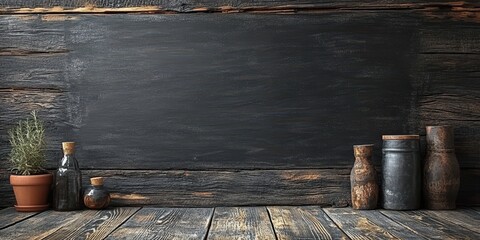 Wall Mural - Rustic Wooden Background with Black Chalkboard and Vintage Jars