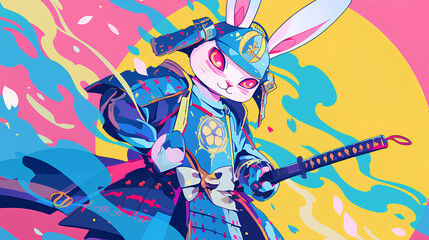 Wall Mural - Cute rabbit wearing Japanese samurai armor, cool poses, cute kawaii, simple, smiling happy. neon psychedelic background