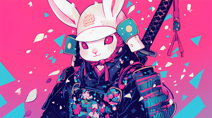 Poster - Cute rabbit wearing Japanese samurai armor, cool poses, cute kawaii, simple, smiling happy. neon psychedelic background