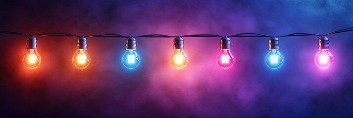 Wall Mural - a string of colorful light bulbs on a dark purple background