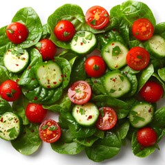 Wall Mural - Hyper realistic photograph of a mixed salad with cucumbers, tomatoes, sheep's cheese, green leaf lettuce with dressing, solid stark white background, focused lighting