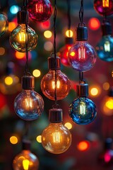 Wall Mural - a string of colorful light bulbs hanging from up. the lights create an enchanting atmosphere with th