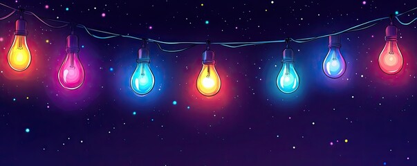 Wall Mural - a string of colorful light bulbs on a dark purple background