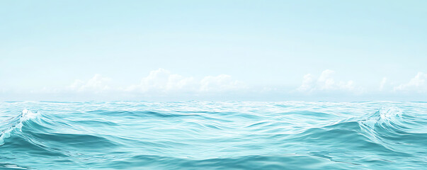 Wall Mural - light blue ocean banner design: sky, calm water, soft waves, hyperrealistic with copy space