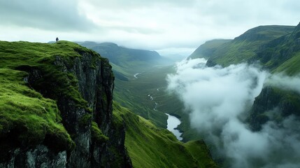 The rugged beauty of the Scottish Highlands, with mist-covered mountains and deep glens