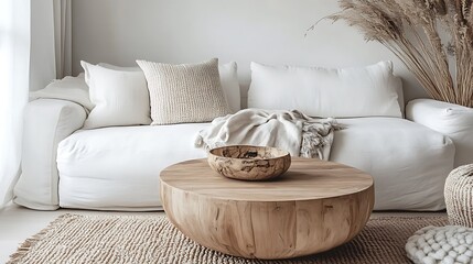 Poster - A white sofa with pillows and a blanket sits in front of a large wooden coffee table in a living room with a jute rug on the floor.