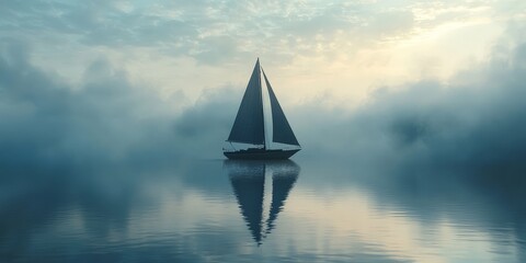 Serene Sailboat Reflected on a Misty Morning Lake