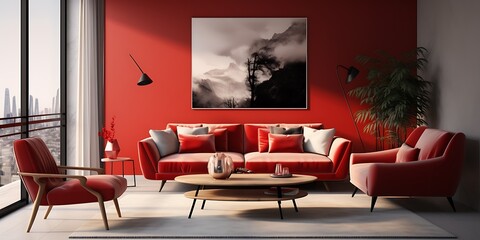 Contemporary living space with a bold red sofa, modern furniture, and a vibrant, sophisticated design, 3D render.