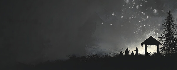 Wall Mural - minimalist nativity scene digital art - black silhouettes on white with starry night sky, perfect fo