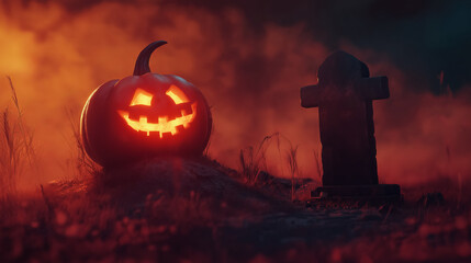 Jack-o'-lantern glowing near a gravestone in a misty graveyard at night. Spooky Halloween background with copy space