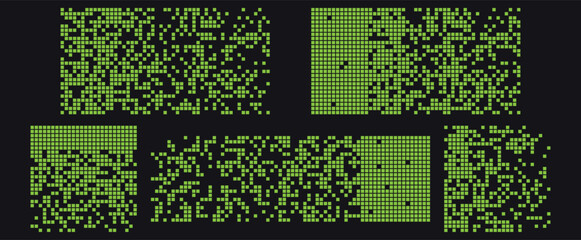 Aufkleber - Background with green pixel disintegration effect. Dispersed square particles create a decay look on a dark background. Set of pixel mosaic textures with a disintegration theme. Vector illustration.