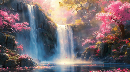 Wall Mural - Waterfalls and flowers, beautiful landscape, magical and idyllic background with many flowers in Eden.