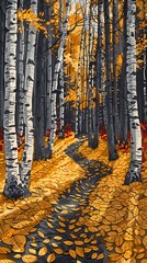 birch forest with yellow leaves in autumn illustration poster background 