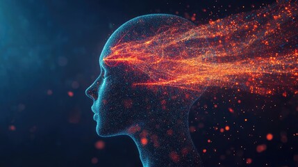 Poster - Abstract representation of a human head with data flowing through it, symbolizing digital transformation and the integration of technology.