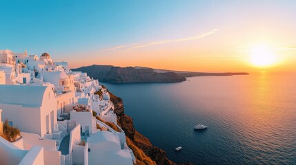 the panoramic view of Santorini white-washed buildings overlooking the deep blue Aegean Sea, Greece sunset