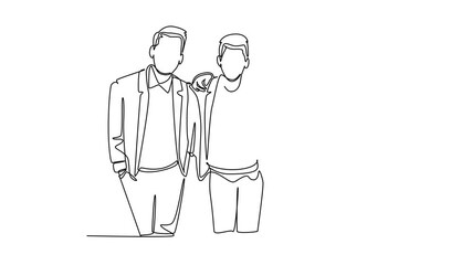 Wall Mural - Self drawing animation of single line draw three young male employee standing together and hugging each other while meeting at office. Business friendship. Continuous line draw. Full length animated