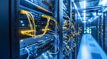 Poster - a photograph showcasing various network security appliances and equipment installed in a modern orga