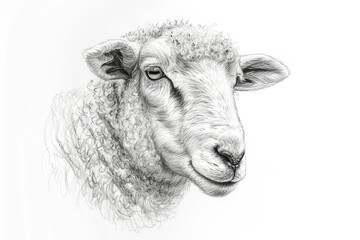 Sheep portrait monochrome sketch. Smiling farm animal isolated on white background