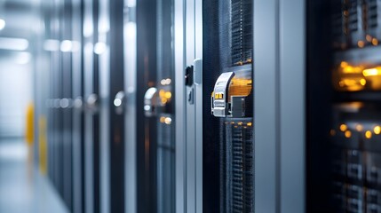 Poster - secure and reliable data center with locking mechanisms on server racks ensuring protection and safe
