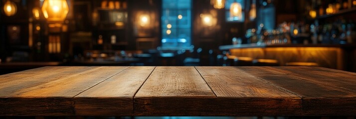 Wall Mural - Rustic Wooden Table in a Cozy Bar Setting