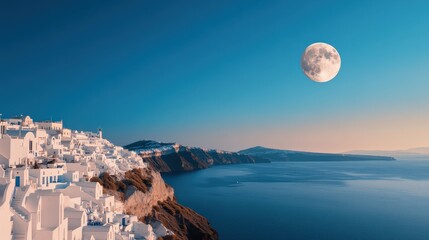 the panoramic view of Santorini white-washed buildings overlooking the deep blue Aegean Sea, Greece sunset