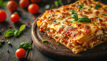 Wall Mural - Fresh tomato mozzarella lasagna baked on rustic plate generated by AI