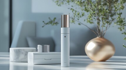 Poster - A photograph showcasing a sleek and modern IoT integrated skincare device designed for personalized and efficient skincare routines placed on a clean and minimalist surface