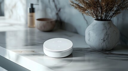 Poster - Closeup view of a modern minimalist smart skincare applicator with a digital interface resting on a clean minimalist countertop offering space for text or additional details