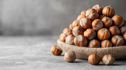 macro closeup flat lay food background photo of a bowl full of hazelnuts on a wooden table with some nuts spread on the tabletop and blank text space at side