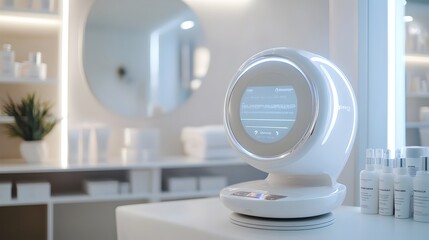 Poster - Innovative digital cosmetic device with advanced technology analyzing and displaying detailed skin data for beauty healthcare and research applications